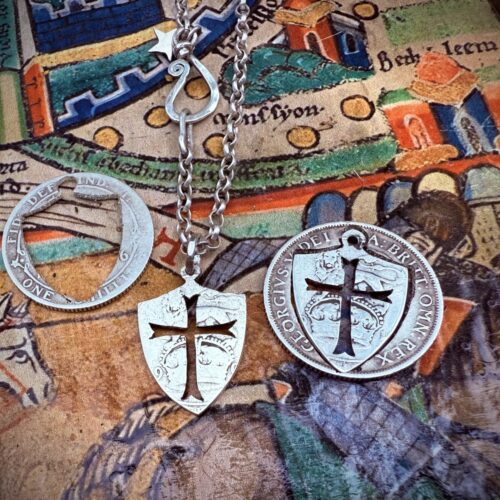 Knights Templar shield crusader necklace handcrafted from a recycled British English silver coin