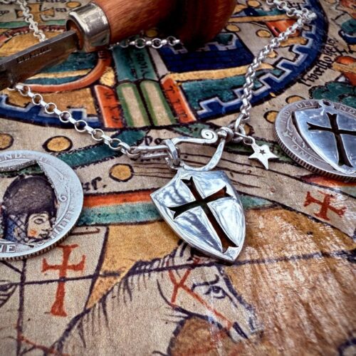Knights Templar shield crusader necklace handcrafted from a recycled British English silver coin
