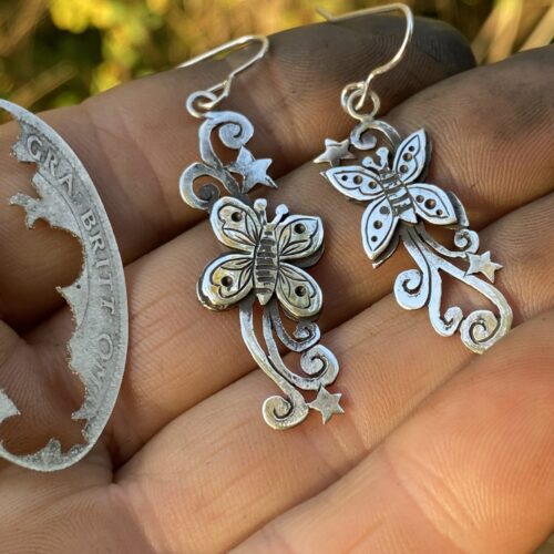 Butterfly earrings individually handcrafted and recycled from an old Victorian silver coins