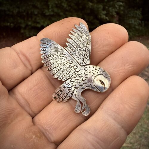 owl brooch meticulously handcrafted from an old spoon. Sustainable and recycled jewellery