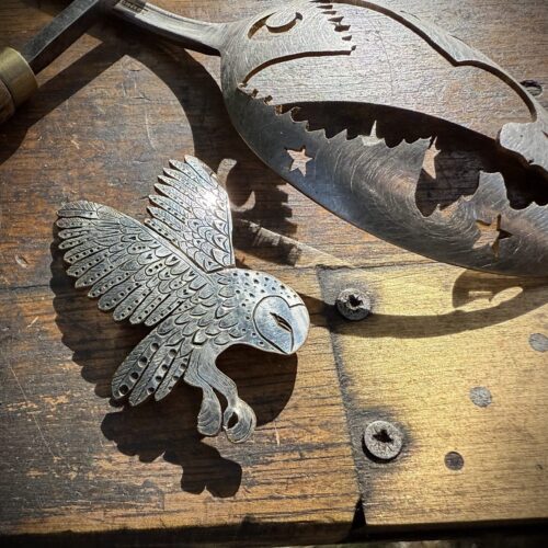 Ethereal wisdom barn owl brooch meticulously handcrafted from an old spoon. Sustainable and recycled jewellery