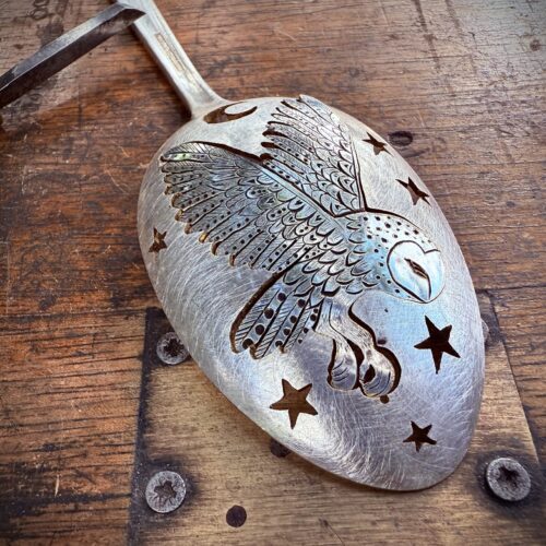 owl brooch meticulously handcrafted from an old spoon. Sustainable and recycled jewellery