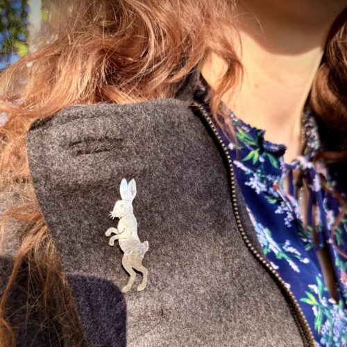hare brooch meticulously handcrafted from an old spoon. Sustainable and