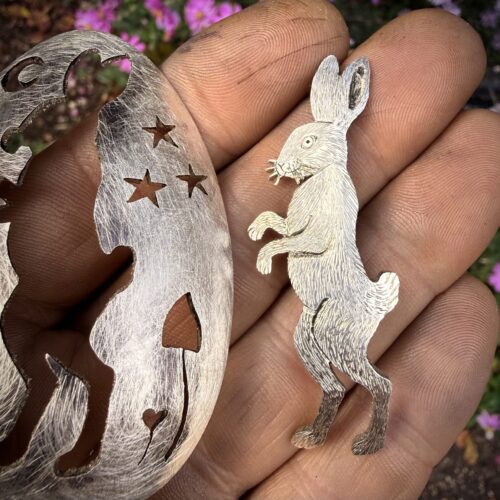 hare brooch meticulously handcrafted from an old spoon. Sustainable and