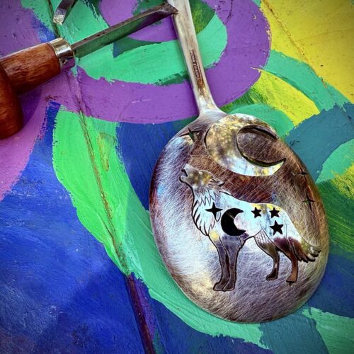 Wolf brooch moon and stars cut from an old antique spoon completely original, sustainable, recycled and made in England