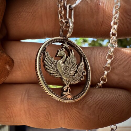 Japanese Hō-ō (鳳凰) phoenix silver coin necklace. Handcrafted and recycled in Cambridge, England by the Hairy Growler