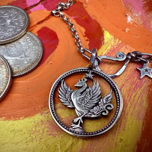 Japanese Hō-ō (鳳凰) phoenix silver coin necklace. Handcrafted and recycled in Cambridge, England by the Hairy Growler
