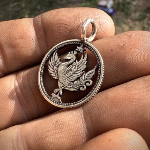Japanese Hō-ō (鳳凰) phoenix silver coin necklace. Handcrafted and recycled in Cambridge, England by the Hairy Growler