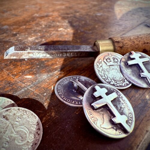 Orthodox Cross cufflinks individually handmade made from recycled silver coins in Cambridge, England