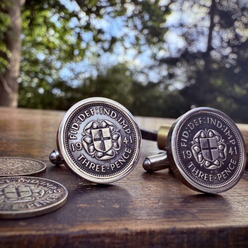 St George’s cross and Tudor Rose design silver threepence coin cufflinks