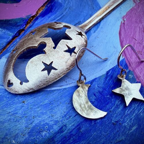 affordable moon and star earrings made sustainably from recycled vintage spoons by Hairy Growler, Cambridge, England