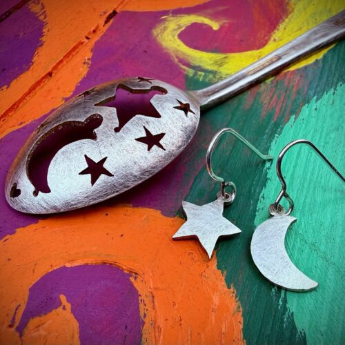 affordable moon and star earrings made sustainably from recycled vintage spoons by Hairy Growler, Cambridge, England