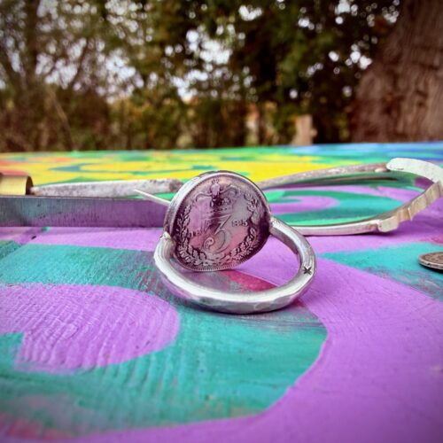 Moon gazing hare coin jewellery handmade, handcrafted using silver threepence coins and silver forks