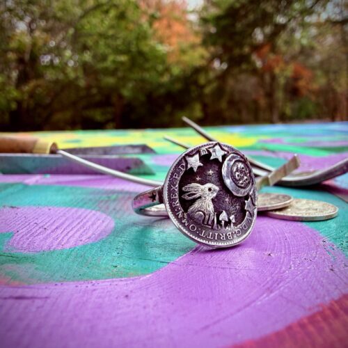 Moon gazing hare coin jewellery handmade, handcrafted using silver threepence coins and silver forks