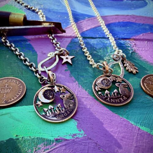 handmade and upcycled Strawberry Moon gazer bunny hare coin necklace pendant made from a British half penny perfect 40th or 50th special birthday gift idea