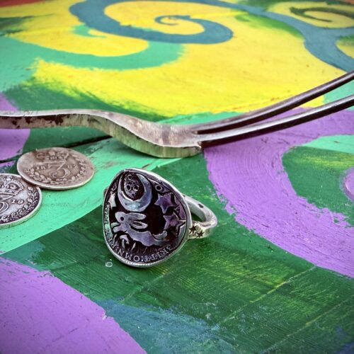 Magical leaping hare coin jewellery handmade, handcrafted using silver threepence coins and silver forks