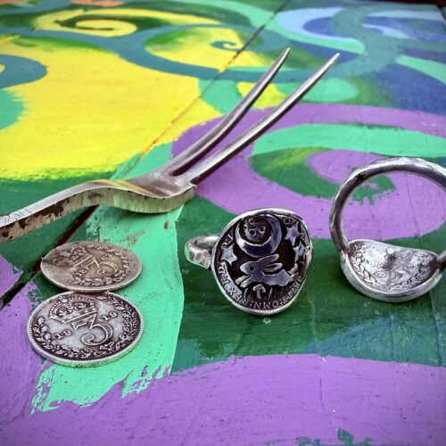 Magical leaping hare coin jewellery handmade, handcrafted using silver threepence coins and silver forks