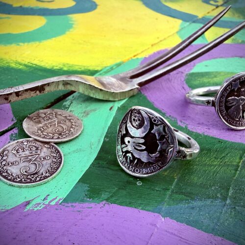 Magical leaping hare coin jewellery handmade, handcrafted using silver threepence coins and silver forks