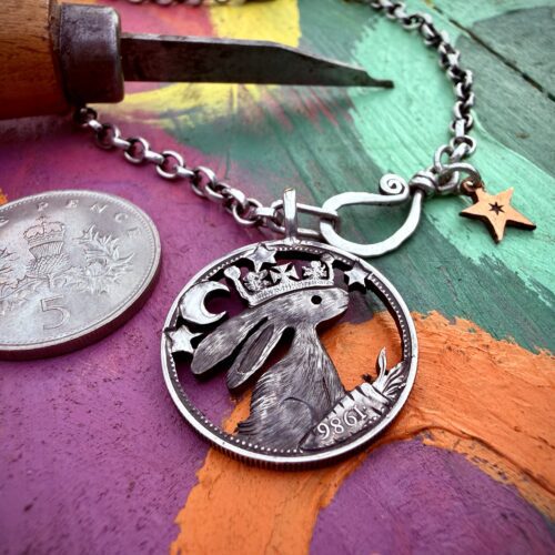1986 handmade and upcycled summer solstice Strawberry Moon gazing hare solstice coin necklace pendant