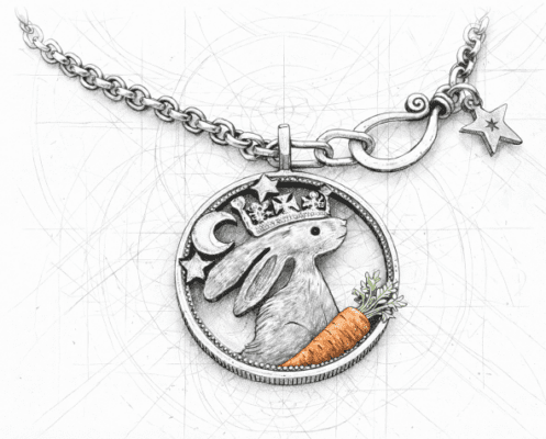 1986 handmade and upcycled summer solstice Strawberry Moon gazing hare solstice coin necklace pendant
