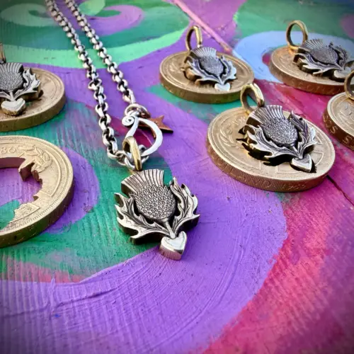 Scottish Thistle necklace pendant handmade from an old coin