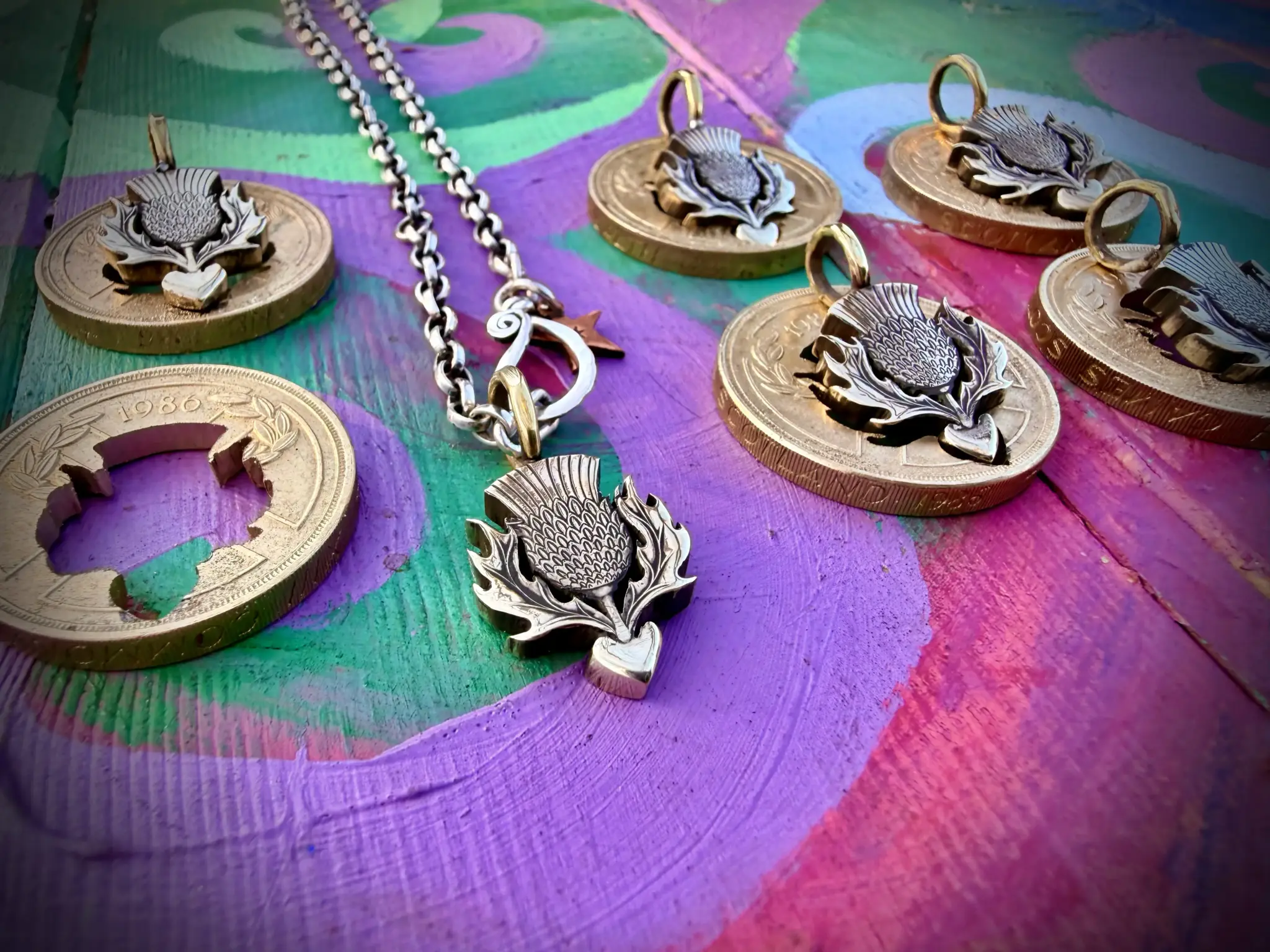Scottish Thistle necklace pendant handmade from an old coin