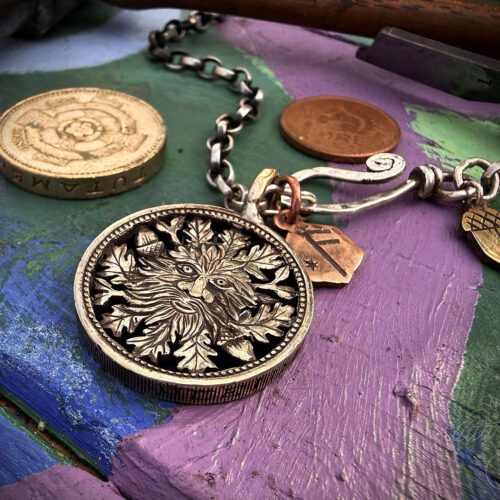 green man recycled pound coin necklace pendant