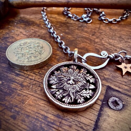green man recycled pound coin necklace pendant