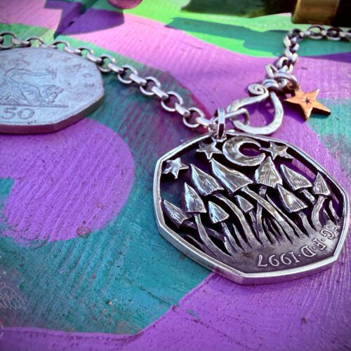 upcycled 50p fifty pence coin mushies shrooms mushroom coin necklace pendant