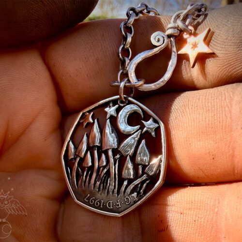 upcycled 50p fifty pence coin mushies shrooms mushroom coin necklace pendant
