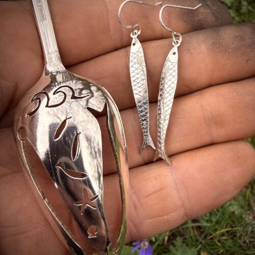 handcrafted recycled silver sardine earrings