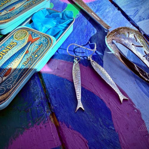 handcrafted recycled silver sardine earrings