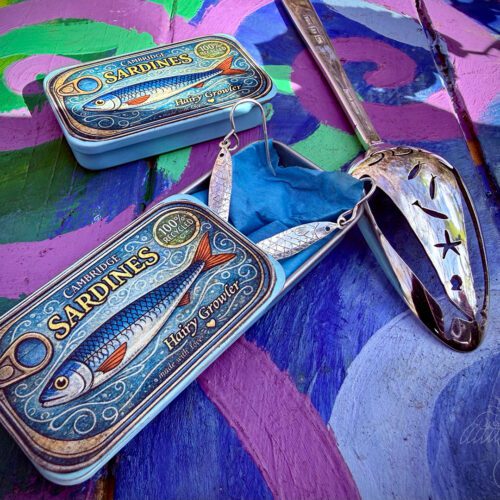 handcrafted recycled silver sardine earrings