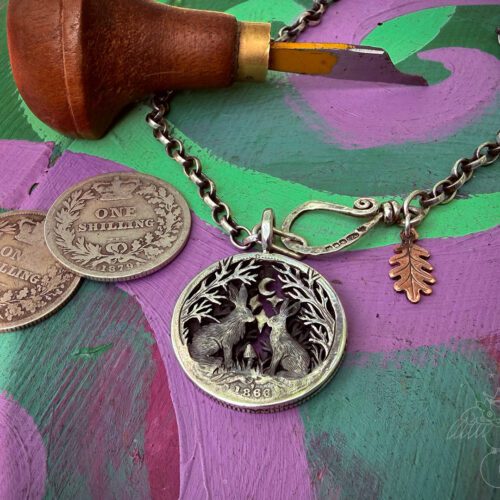 The spirit of the place moon gazing hares coin pendant necklace handmade and upcycled in England by Hairy Growler