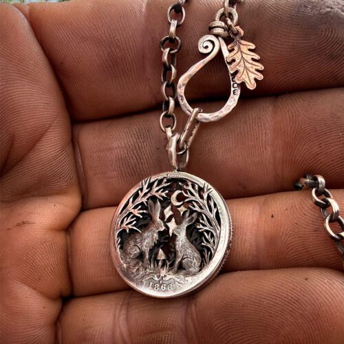 The spirit of the place moon gazing hares coin pendant necklace handmade and upcycled in England by Hairy Growler