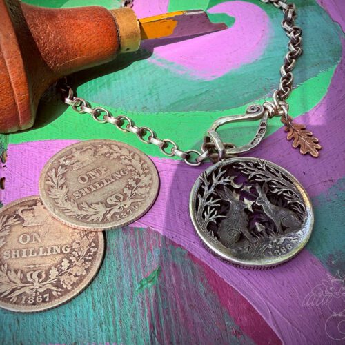 The spirit of the place moon gazing hares coin pendant necklace handmade and upcycled in England by Hairy Growler