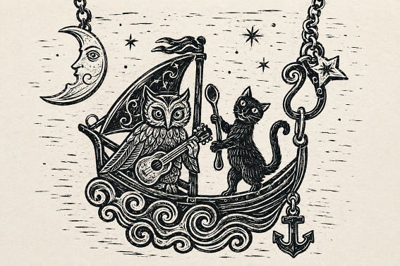 the owl and the pussycat necklace completely handcrafted in Cambridge using only upcycled silver coins of a bygone era