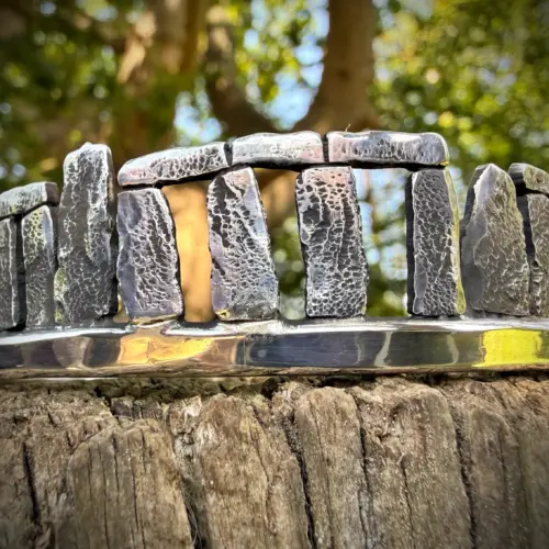 Stonehenge Celestial bracelet cuff a signature work by Hairy Growler, Cambridge. Made in England